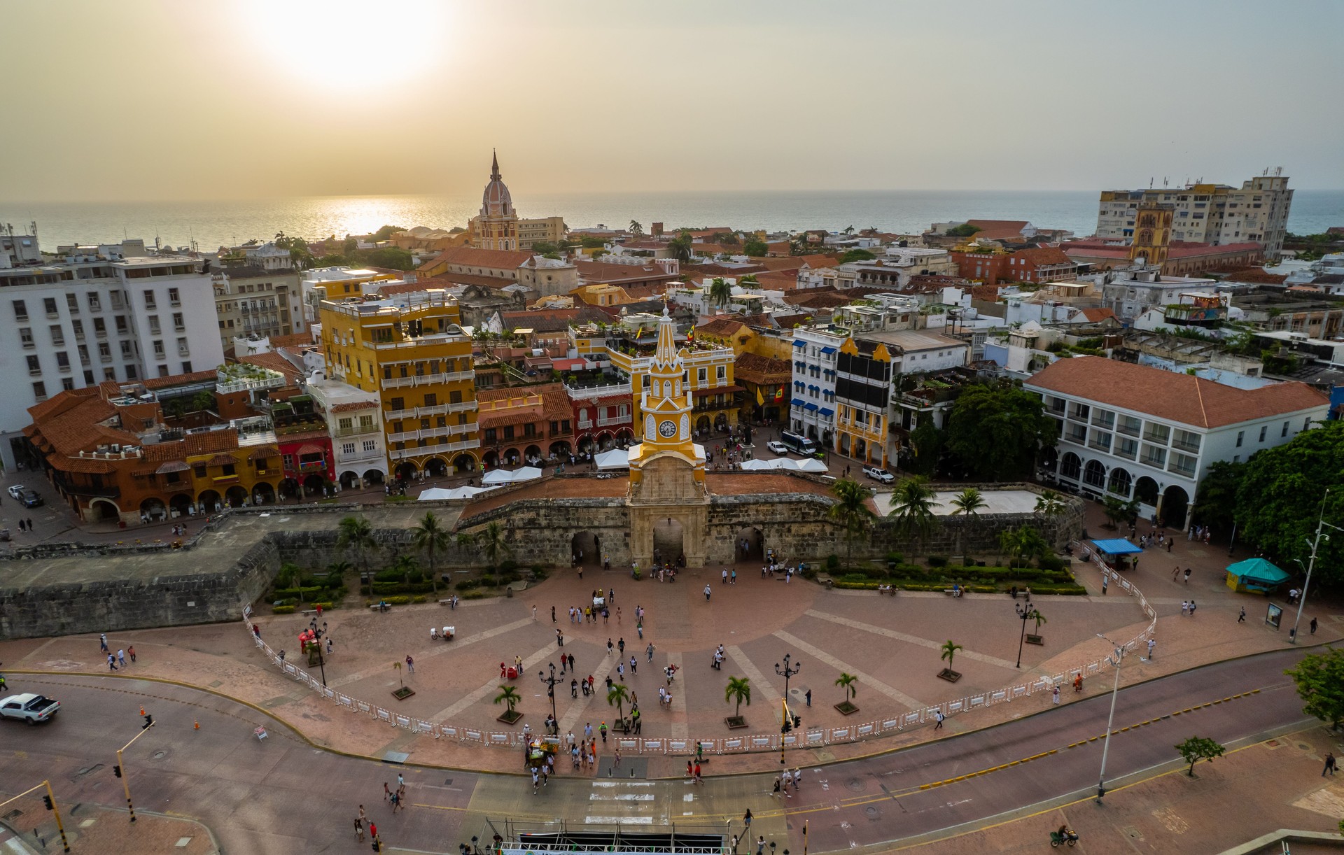 Beautiful aerial view of the city of Cartagena in colonial walled city and  the Clock tower Monument